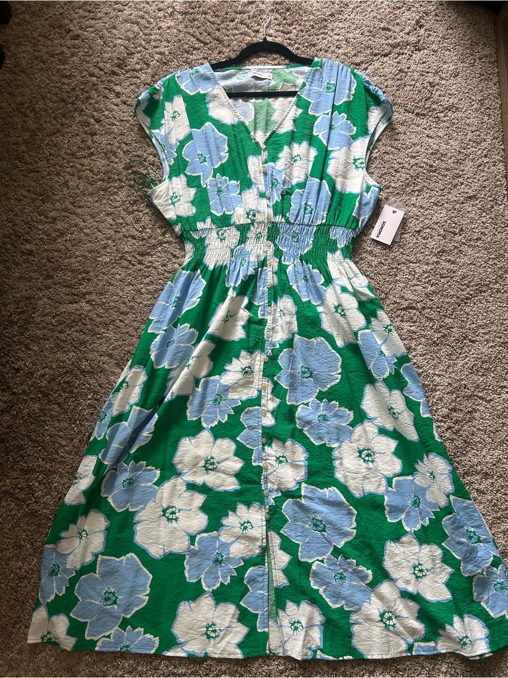 Sonoma Green Midi Dress with Blue and White Floral Print